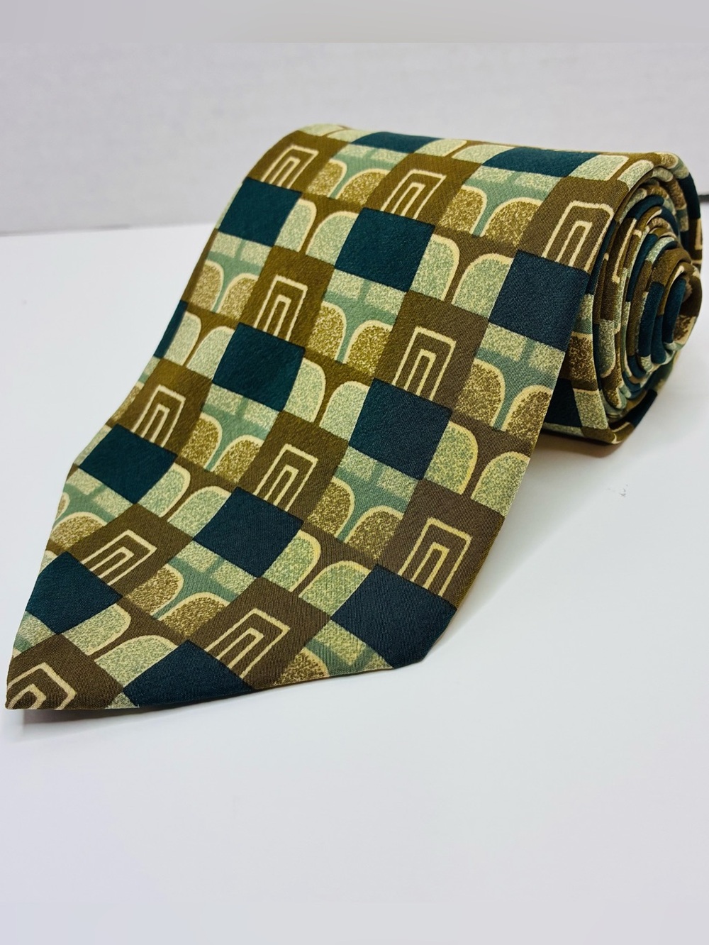 VTG Chaps Ralph Lauren Silk Tie Geometric Brown Green Gold 90s Wide 56" x 3.75"